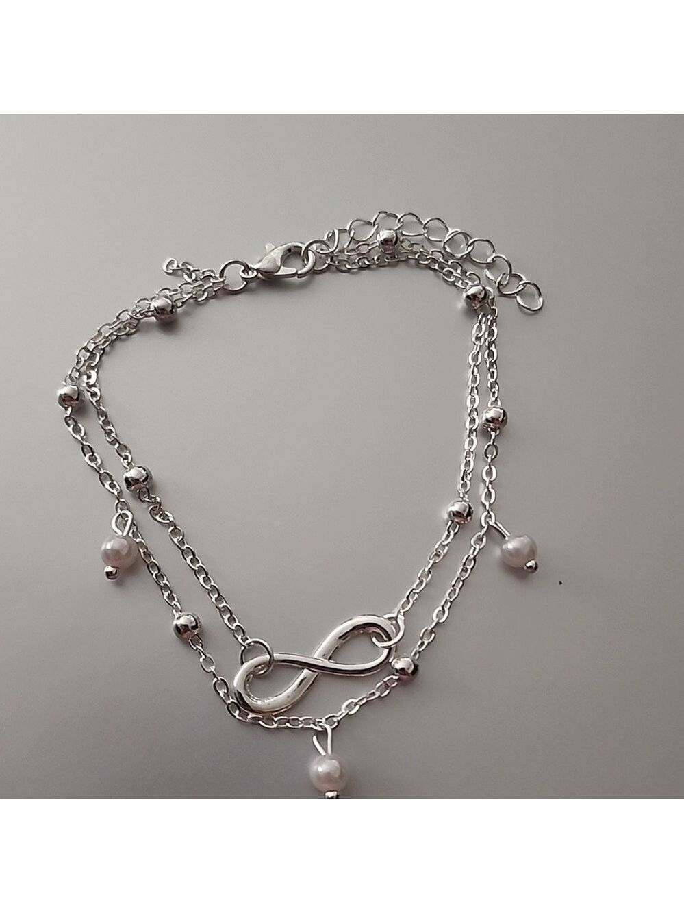 BEADED Faux Pearl  ANKLET Infinity Charm  Stainless + Silver Coat